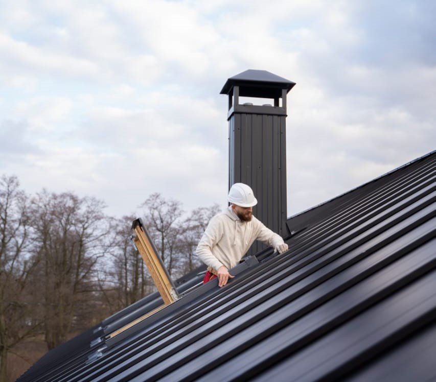 Roofing contractor working on a black metal roof installation with safety helmet.