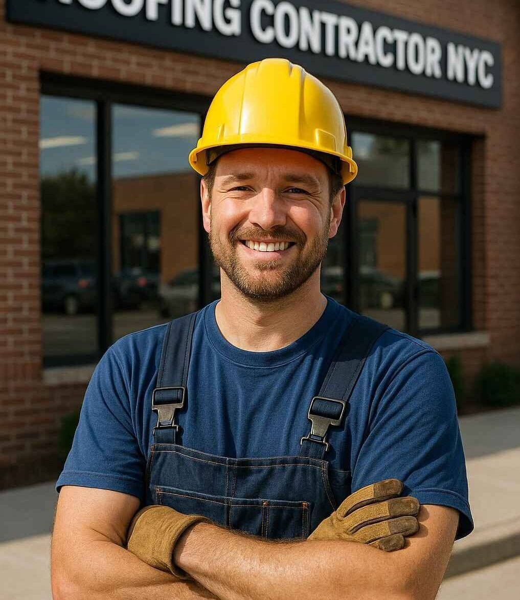 Friendly roofing contractor in yellow hard hat smiling in front of Roofing Contractor NYC office, ready to assist clients.