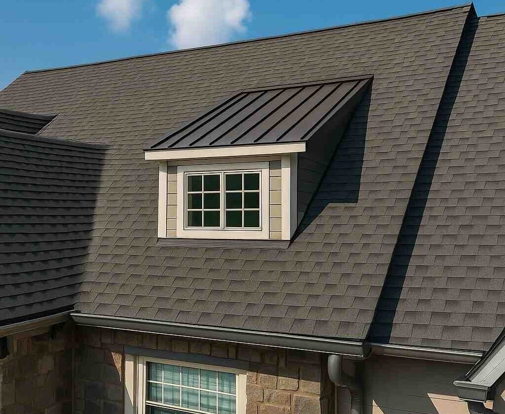 Residential shingle roof with a skylight window and well-installed gutter system.