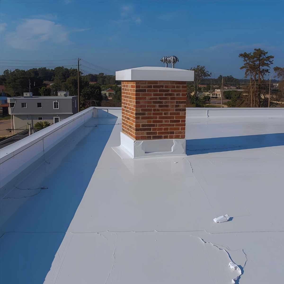 Flat roof with fresh white silicone coating applied around a brick chimney for waterproofing.